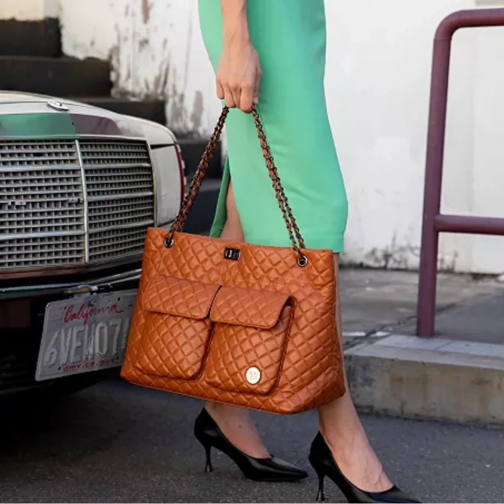 Badgley Mischka Diana Quilted Faux Leather Travel Tote Chain Shoulder Bag purse